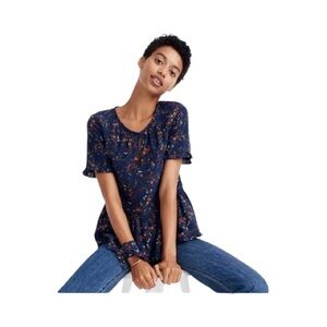 Madewell Silk Stanza Ruffle-Hem Top in Navy with Floral Print Size Small